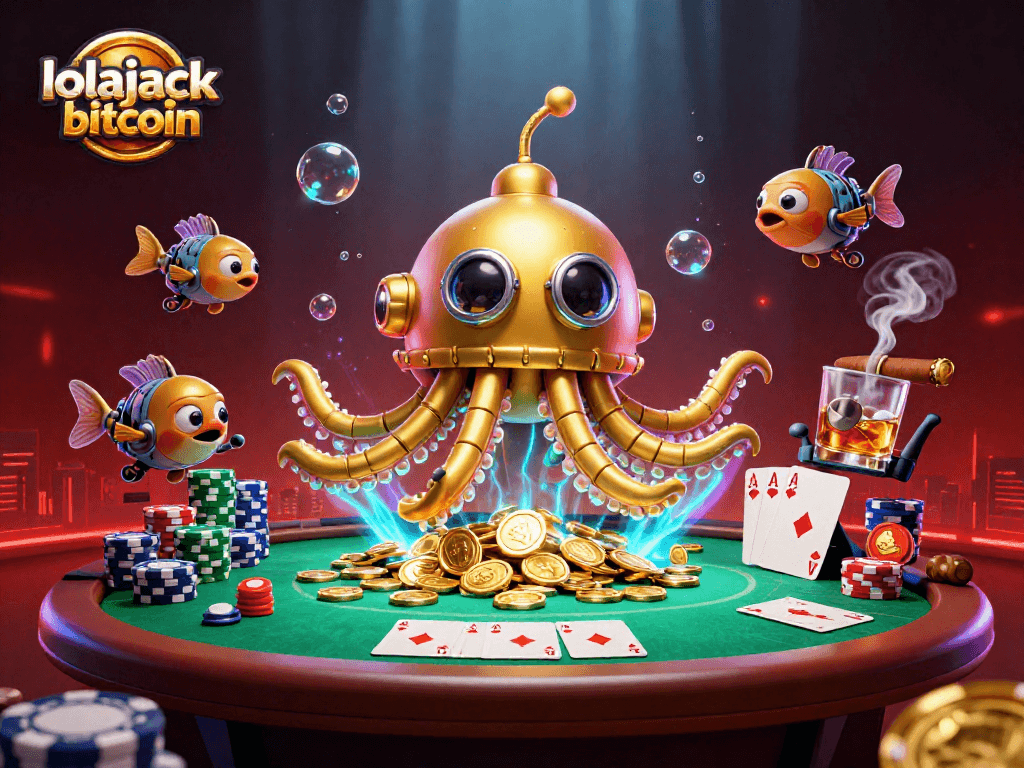 Join the excitement of lolajack bitcoin with a golden kraken submarine amid casino treasures!