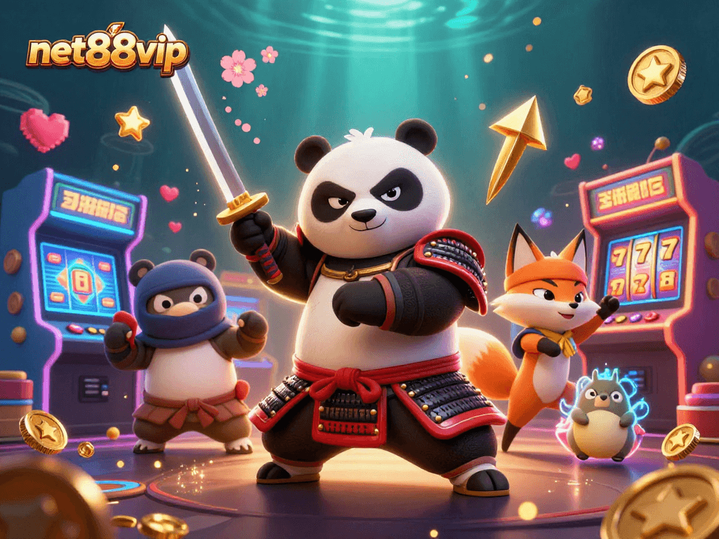 Play thrilling games at net88vip with our vibrant 3D samurai panda and friends illustration.