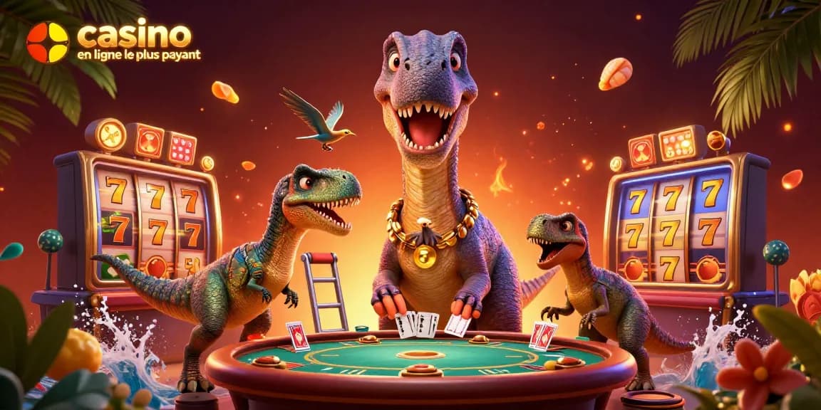 Scène animée d'un brontosaurus surplombant un casino, mettant en avant le casino en ligne le plus payant.