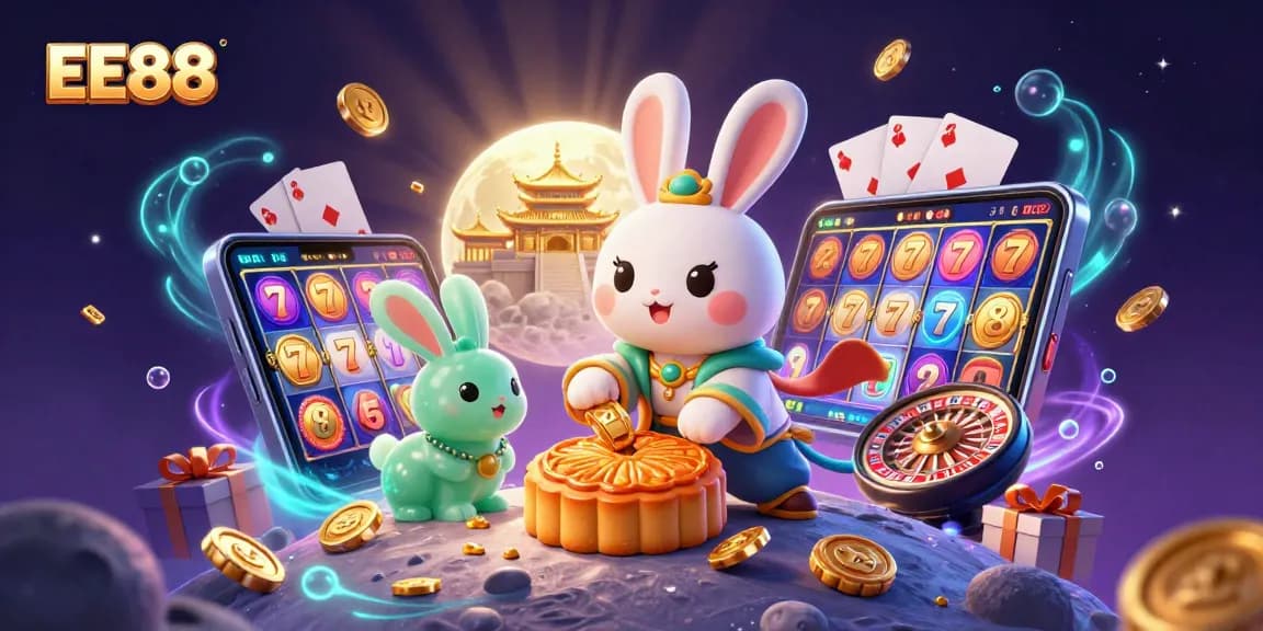 Experience the excitement of EE88 with a 3D illustration showcasing lucky moon rabbits in a dynamic casino scene.