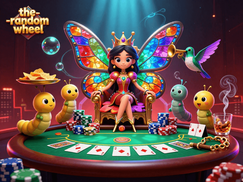 Engage with the-random-wheel in an entertaining casino scene featuring vibrant characters and poker elements.
