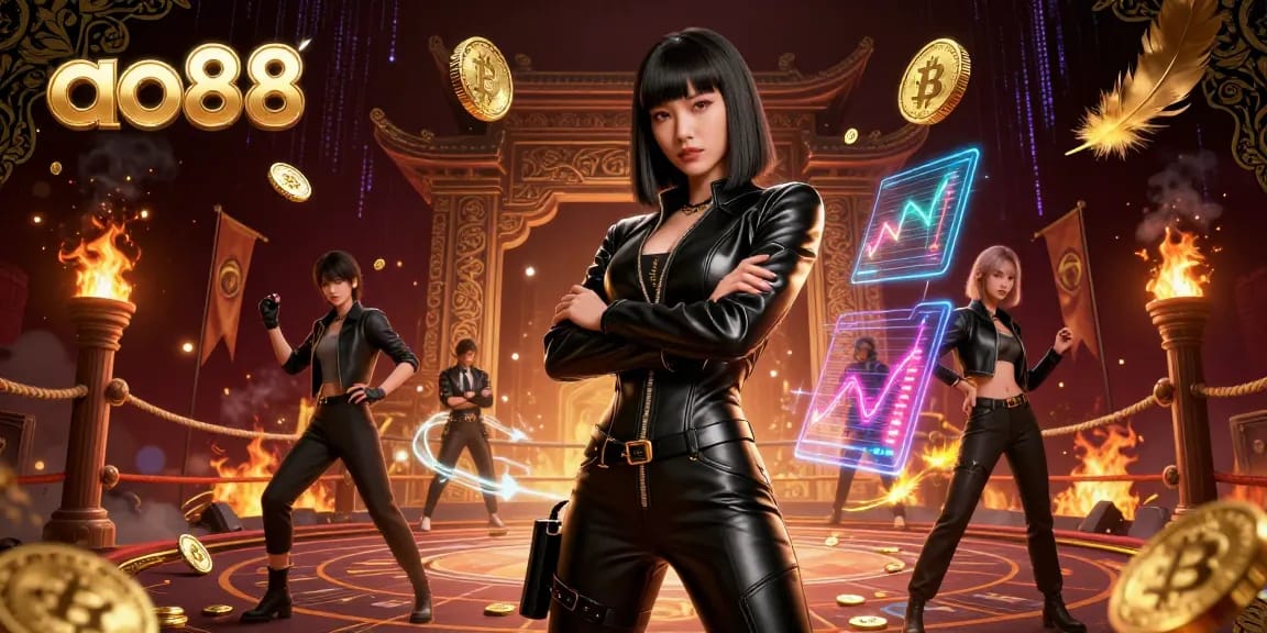 Experience the thrill of ao88 in this vibrant 3D casino scene featuring dynamic characters and captivating game elements.