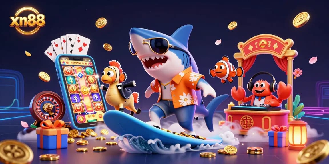 Xn88 casino game illustration featuring vibrant characters celebrating gaming success with golden coins.