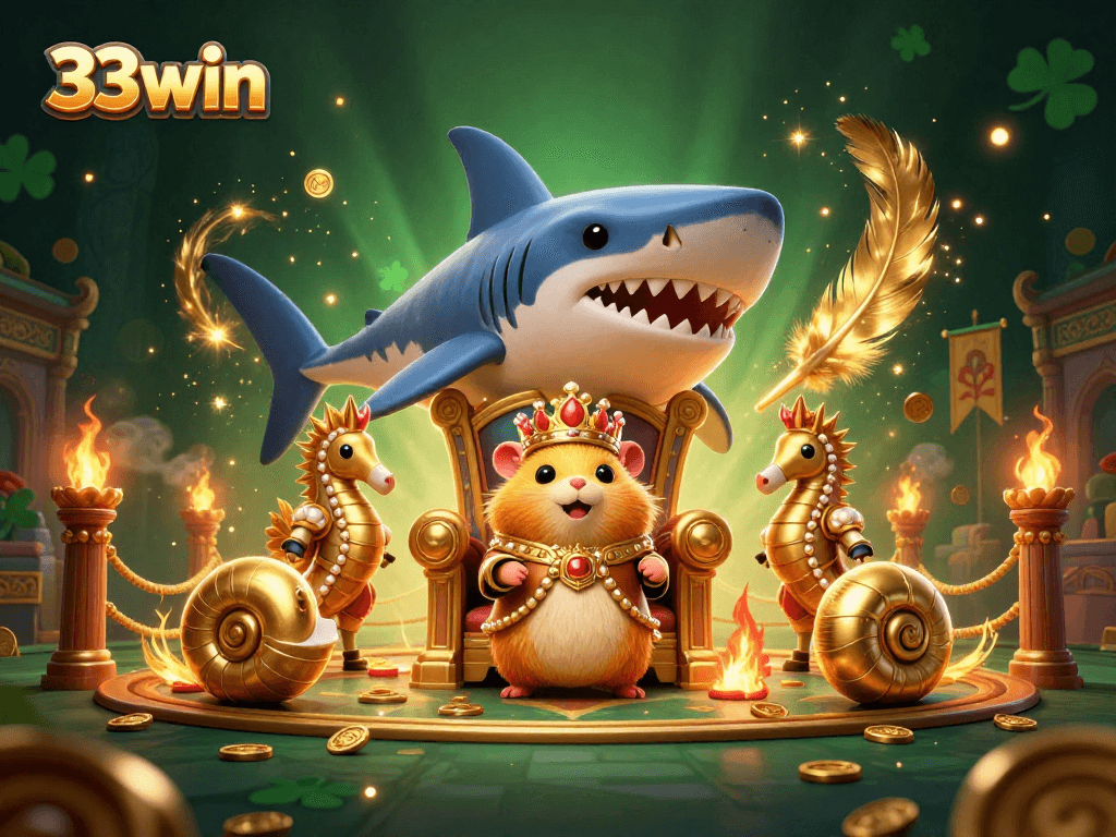 Engage in the thrilling realm of 33win, showcasing a golden hamster king and his royal seahorse guards.