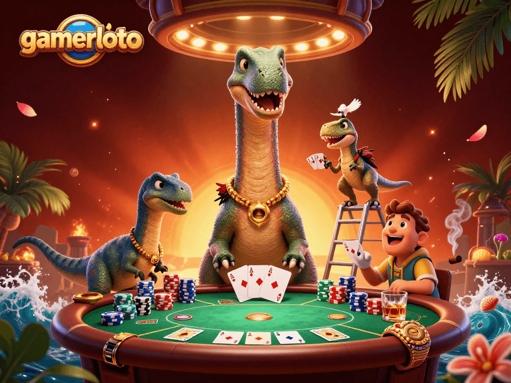 gamerloto showcases a vibrant casino scene with a towering brontosaurus and card-dealing raptor.