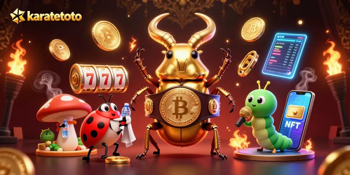 Karatetoto showcases dynamic gambling action with slots and cryptocurrency elements in a vibrant scene.