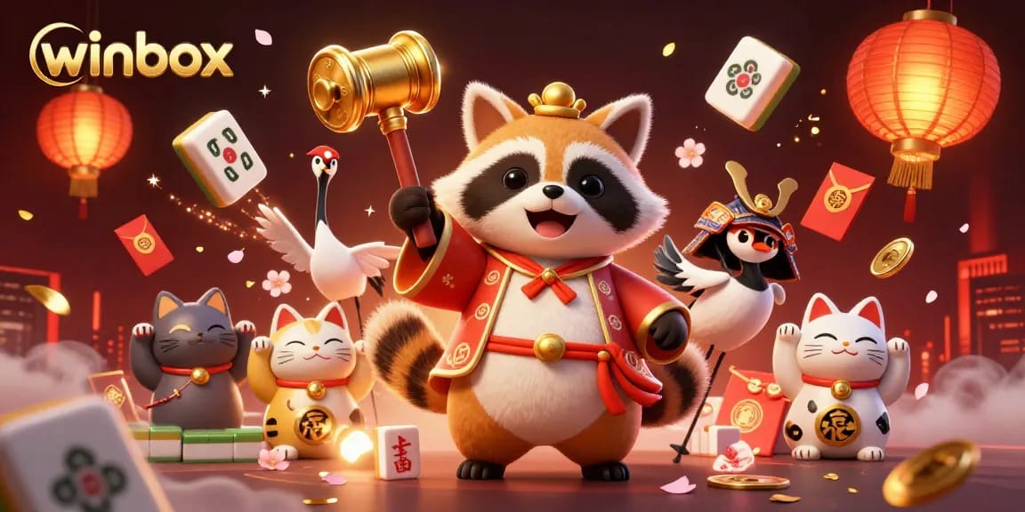 Winbox celebrates with a cheerful tanuki and fortune cats amidst festive gaming elements.