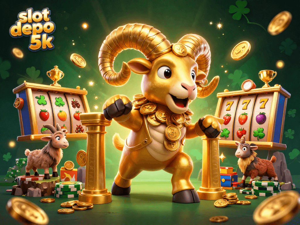 Watch the 3D illustration of the dynamic slot depo 5k experience with a golden ram and gaming elements.