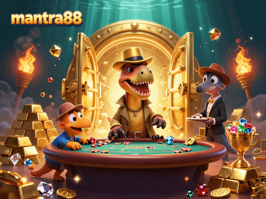 Experience high stakes gaming with mantra88, where a cunning velociraptor plays cards amidst gold treasures.