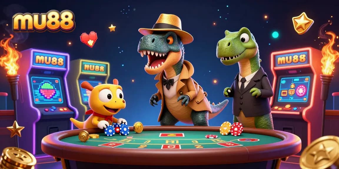 Mu88 casino scene featuring velociraptor card counter at blackjack table with colorful arcade games.