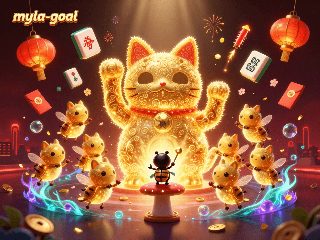 Experience the vibrant world of myla-goal with a dynamic lucky cat and casino symbols in a festive illustration.