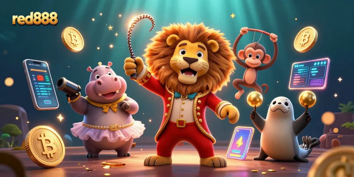 Experience the thrill of red888 with entertaining circus characters amid vibrant crypto elements.