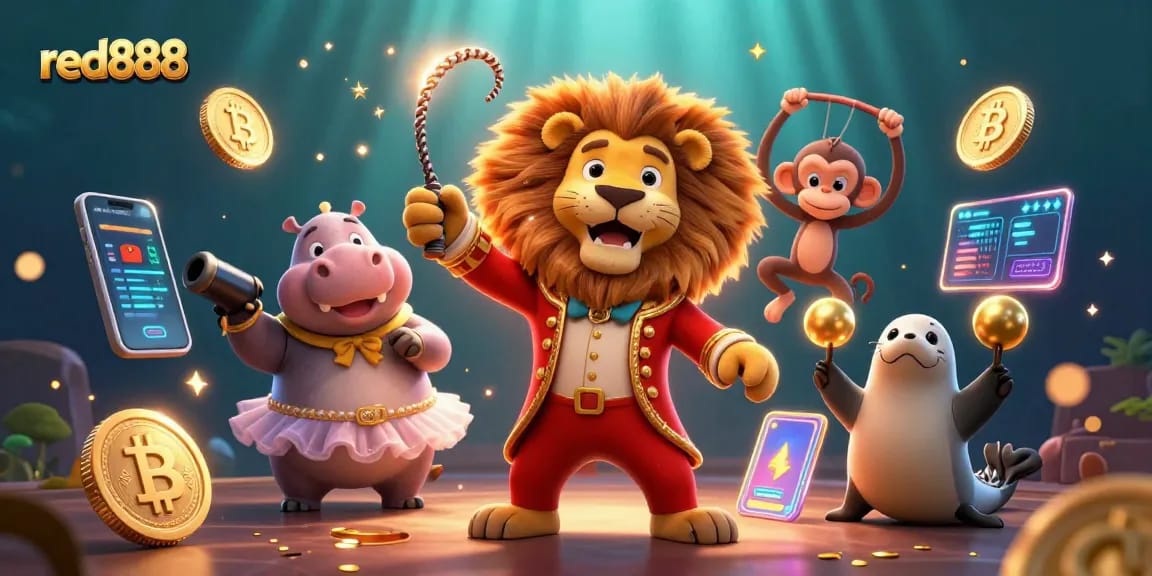 Experience the thrill of red888 with entertaining circus characters amid vibrant crypto elements.