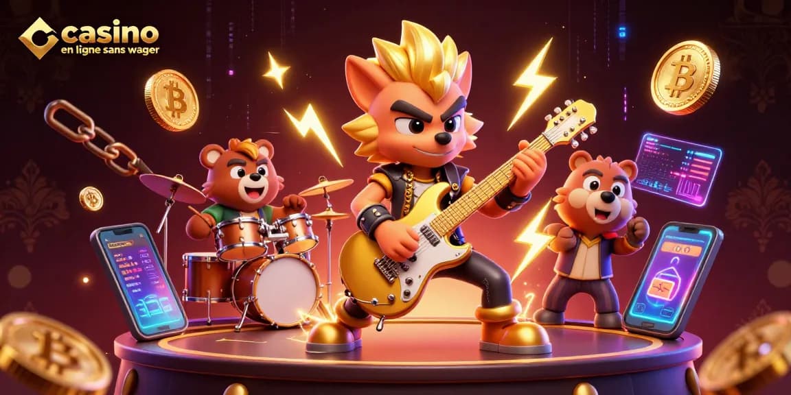 Jouer sur un casino en ligne sans wager avec une scène festive de rock et des éléments de crypto-monnaie.