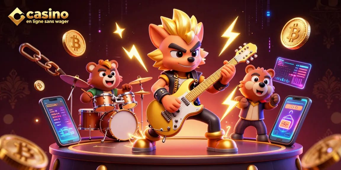 Jouer sur un casino en ligne sans wager avec une scène festive de rock et des éléments de crypto-monnaie.