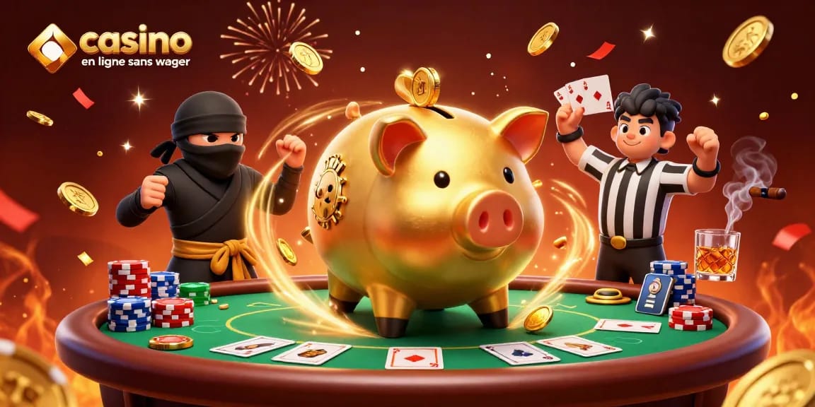 Une scène dynamique de casino en ligne sans wager avec un sumo et ses adversaires, entourée de pièces dorées.
