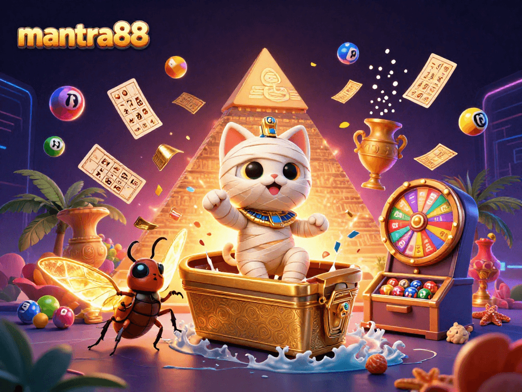 Experience thrilling gameplay with mantra88's vibrant casino scene featuring a mummy cat and dynamic elements.