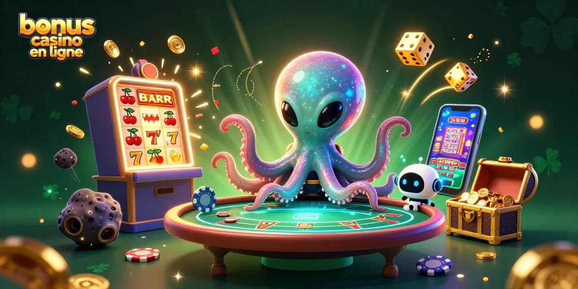 Gagnez avec le bonus casino en ligne dans un univers de jeu animé, entouré de machines à sous et de jackpots.
