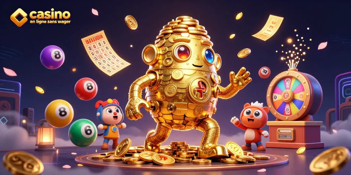 Visualisez un casino en ligne sans wager avec un golem doré magique et des éléments de jeu captivants.