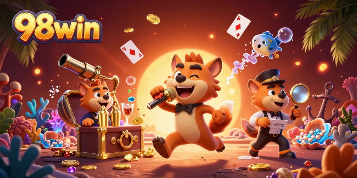 Engage with 98win through an energetic casino scene featuring hyenas and exciting gaming elements.