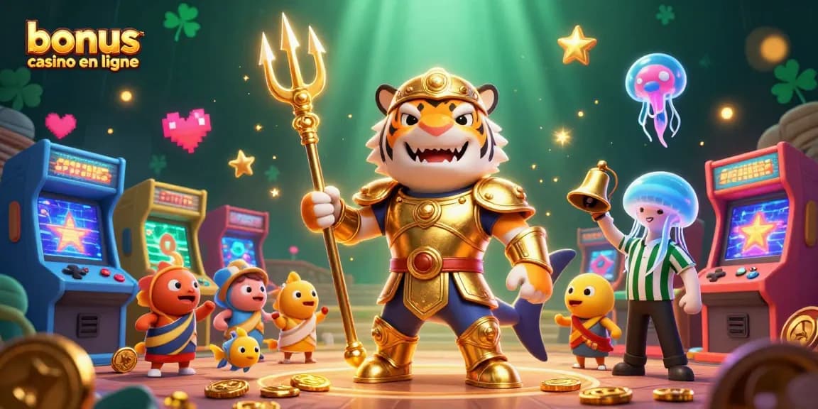 Profitez des bonus casino en ligne avec une scène animée de requin tigre impressionnant en armure dorée, entouré de jeux 3D vibrants.