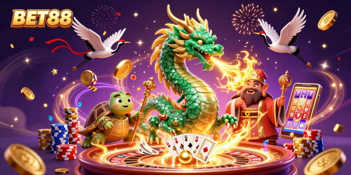 Win big with BET88: an enchanting casino scene featuring a jade dragon and dynamic fortune elements.