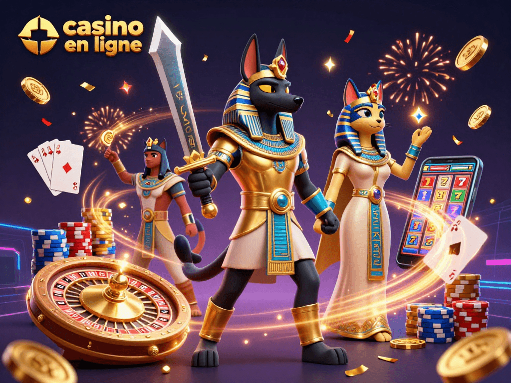 Découvrez les jeux passionnants de casino en ligne avec Anubis et Bastet sous un feu d'artifice.