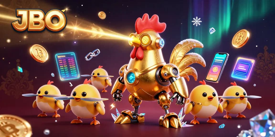 Experience exciting gameplay at JBO with a vibrant 3D illustration of a golden rooster robot.