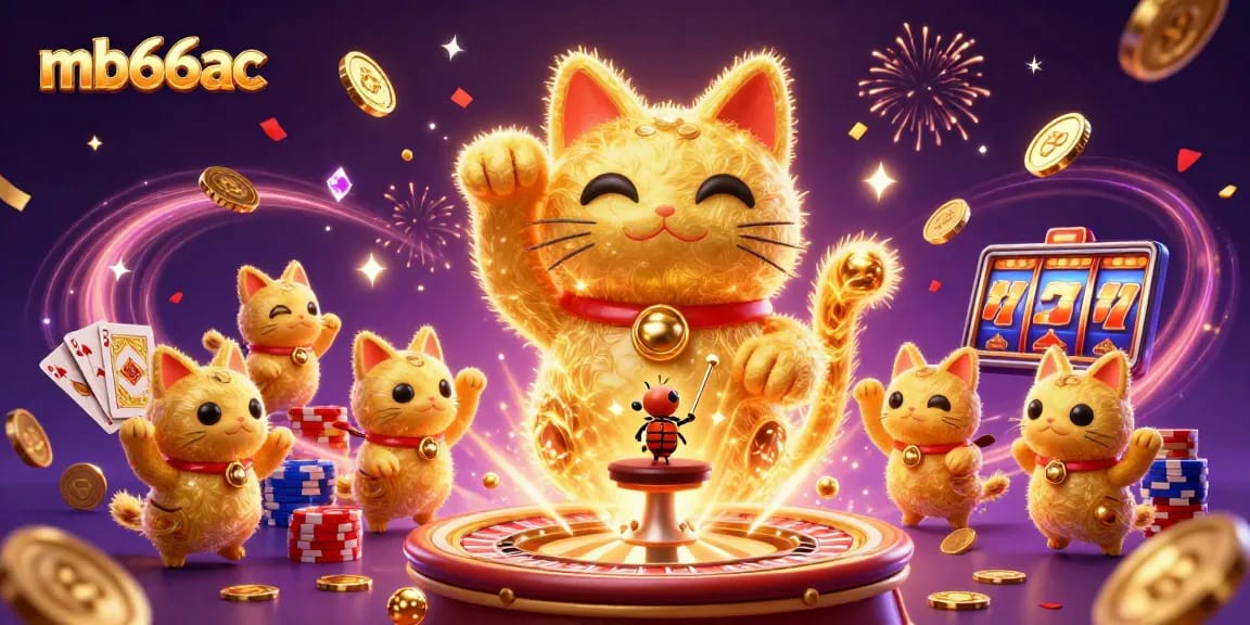 Catch winning excitement at mb66ac with a lively casino scene featuring a lucky cat and festive elements.