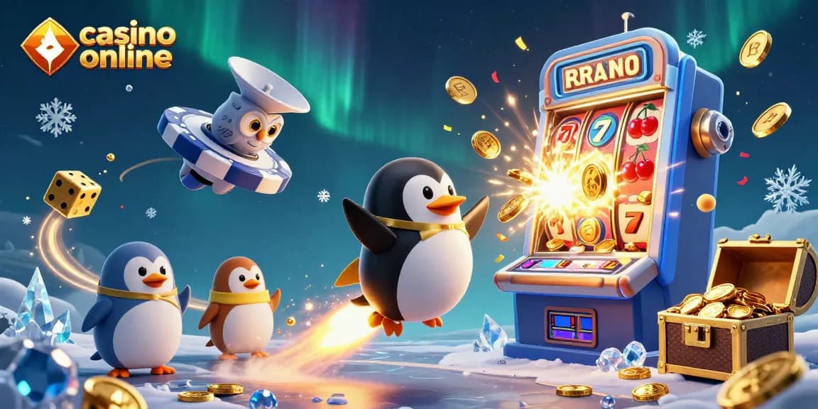 Jocuri captivante la casino online, cu un pinguin zburător și sloturi pline de câștiguri.