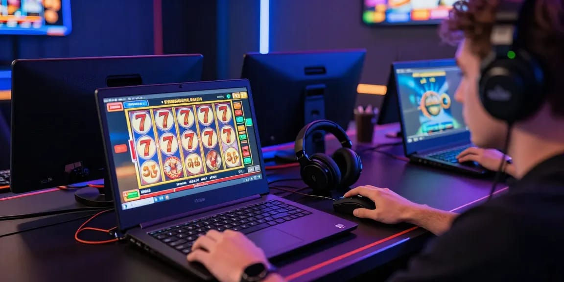 Player experiencing excitement while playing slot777 online slots on a laptop with colorful graphics.