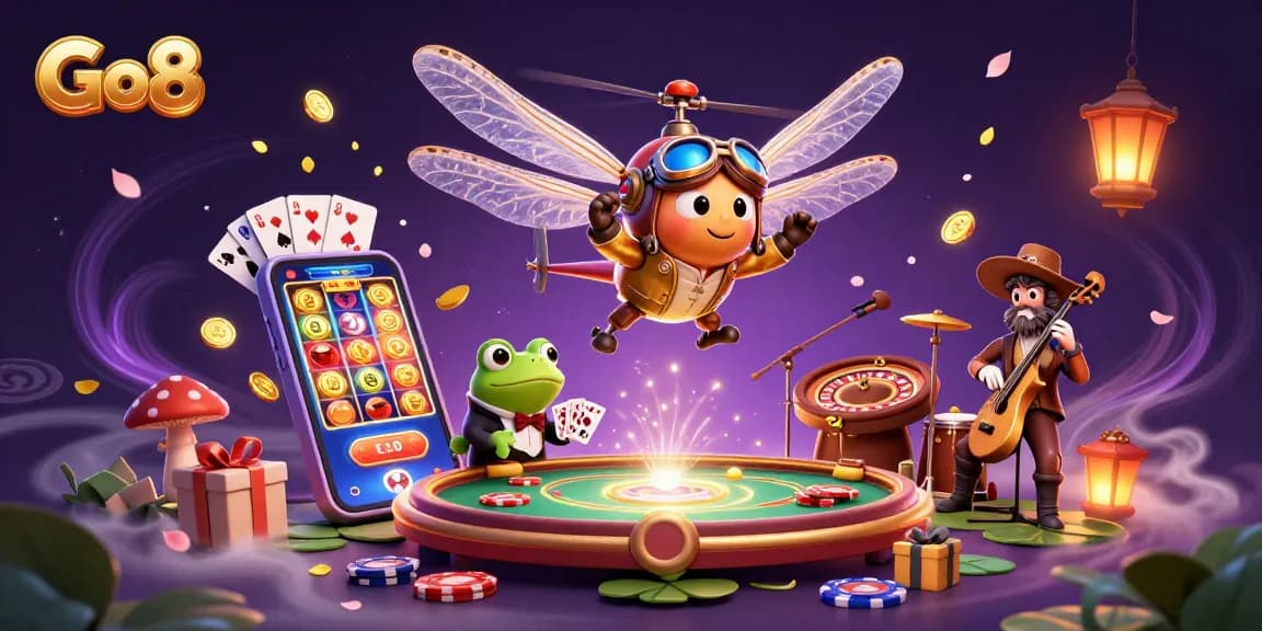 Win big at Go8 casino with a vibrant 3D illustration of a dragonfly pilot, frog croupier, and jazz band.