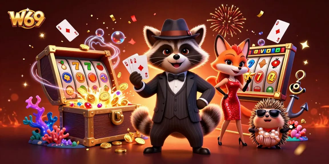 W69 Casino's dynamic scene showcases a royal flush and rich gaming elements for vibrant play.