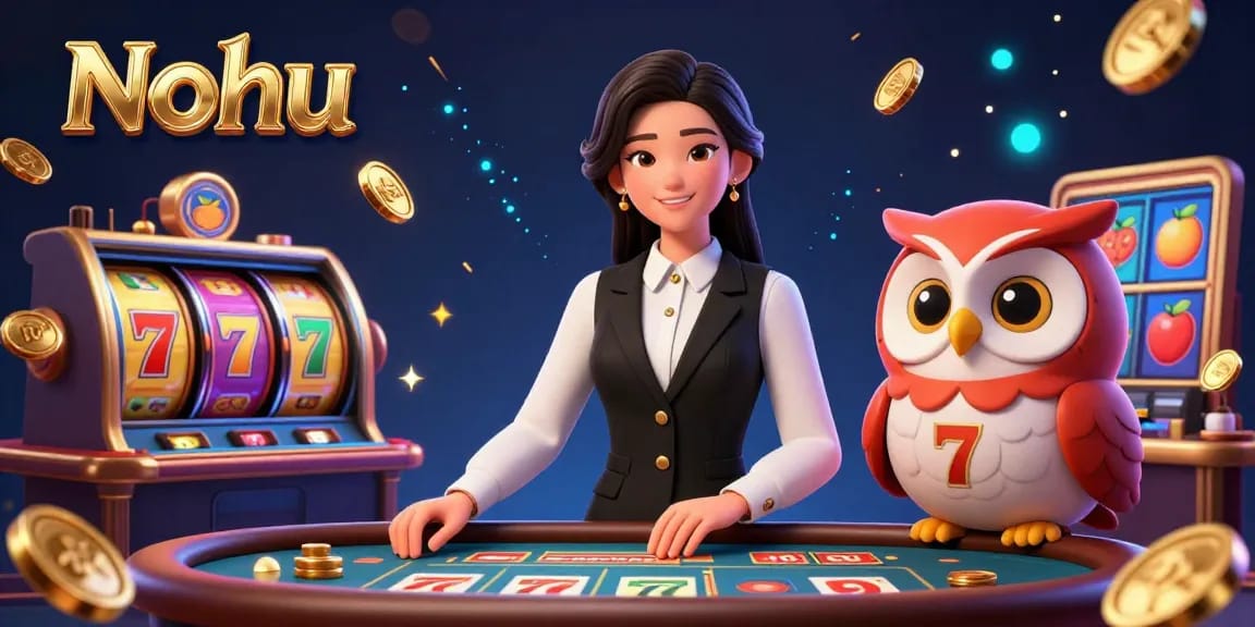 Nohu dealers in a vibrant casino scene, showcasing thrilling slot reels and jackpot counters with rich details.