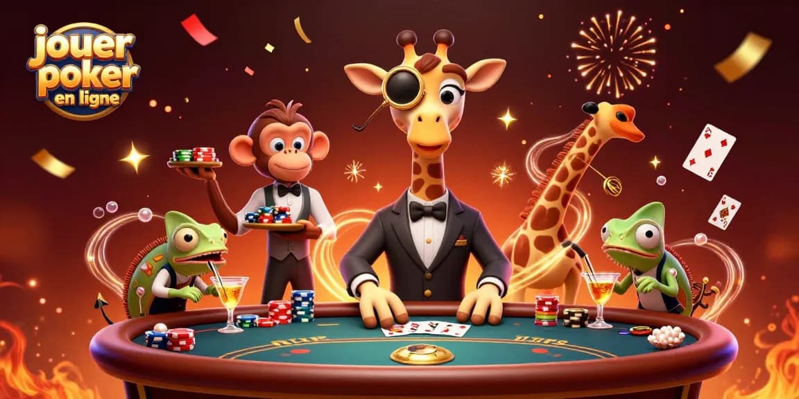 Jouer au poker en ligne avec une girafe, un valet singe et un barman caméléon dans une scène dynamique