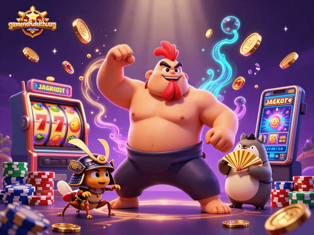 Spin to win big with gamenohudoithuong in this dynamic illustration of a sumo wrestler and samurai cricket at a slot machine