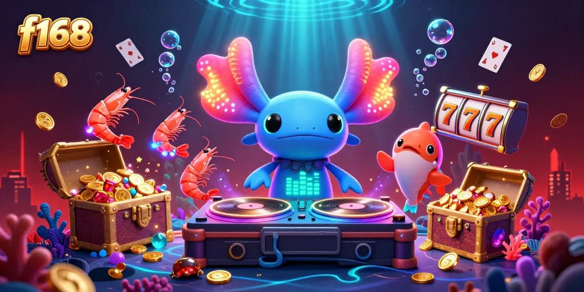 Experience the vibrant f168 casino scene with a DJ axolotl and lively underwater characters spinning games.