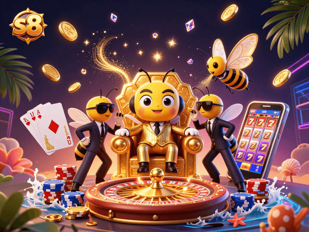 S8 brings thrilling casino action with a vibrant bumblebee mob boss in a whimsical gambling scene.
