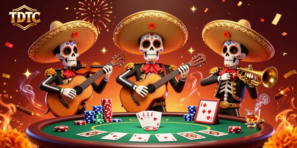 Engage with TDTC's vibrant poker scene featuring a mariachi band in a lively casino atmosphere.