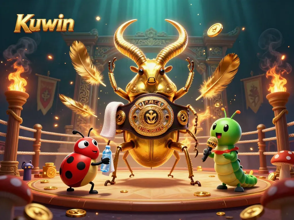 Kuwin showcases a golden stag beetle champion in a dynamic casino arena scene.