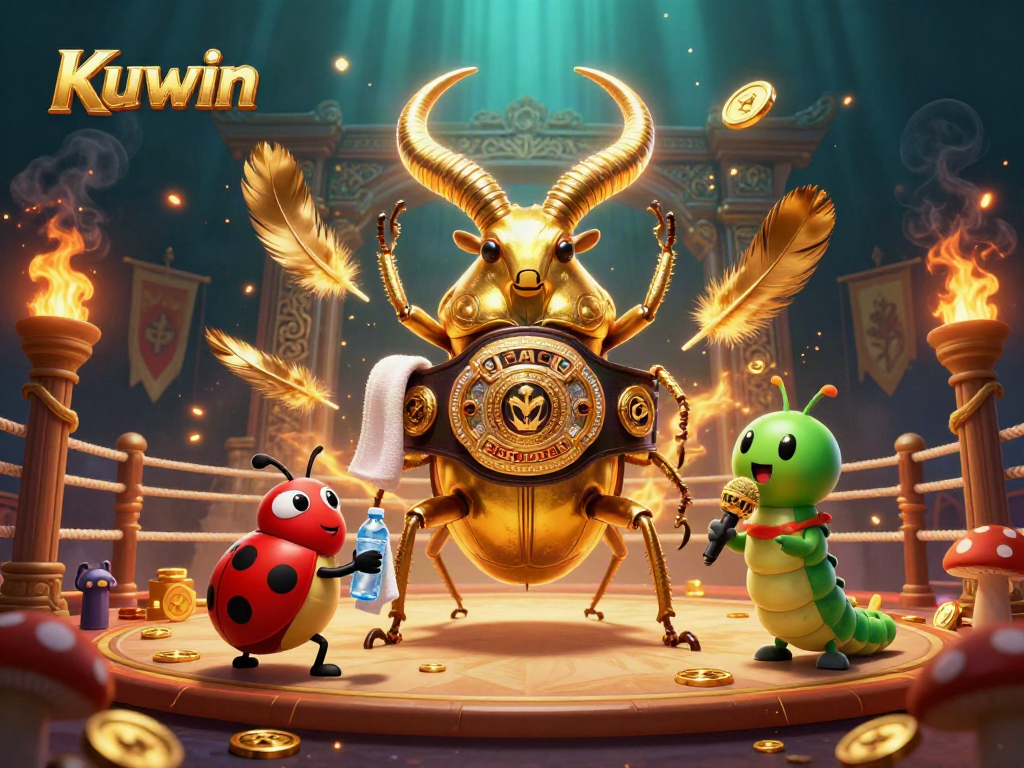 Kuwin showcases a golden stag beetle champion in a dynamic casino arena scene.