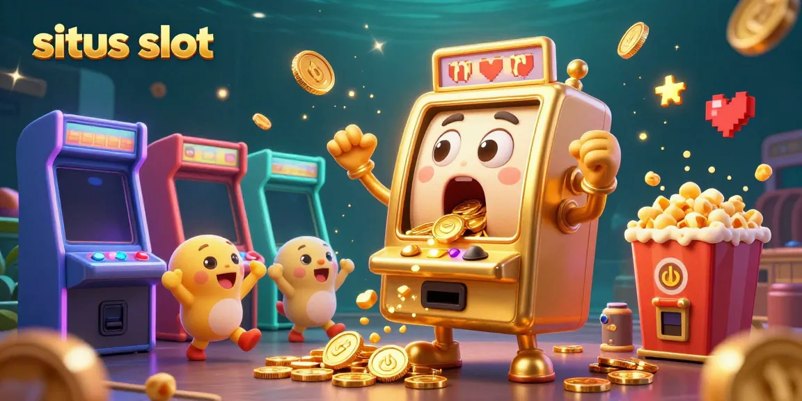 Witness the excitement of a situs slot jackpot with golden coins pouring from a delighted slot machine.