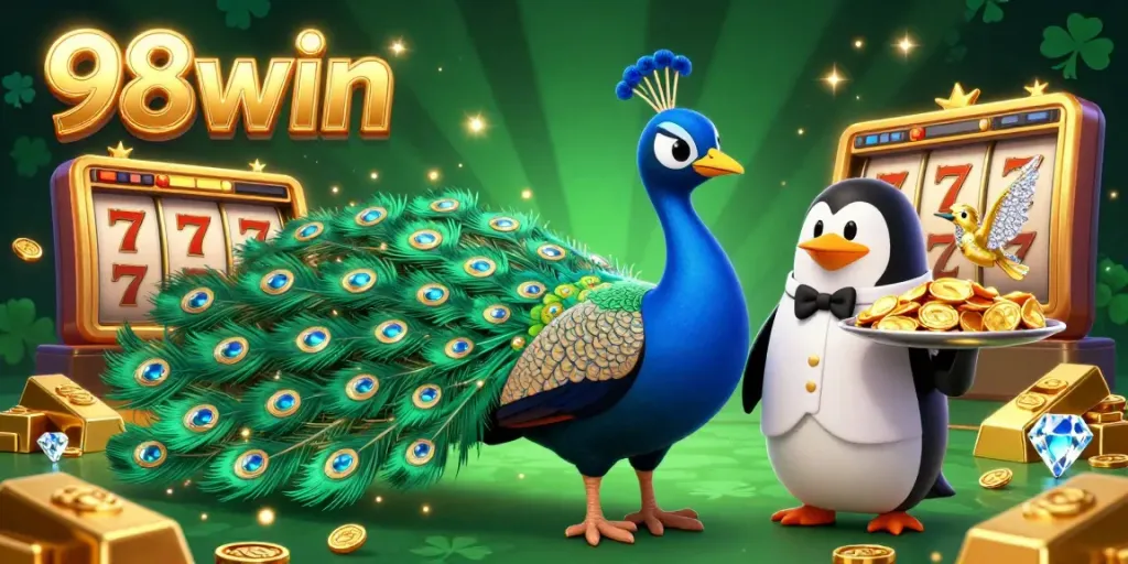 Experience big wins with 98win in a vibrant casino scene filled with sparkling treasures and engaging characters.