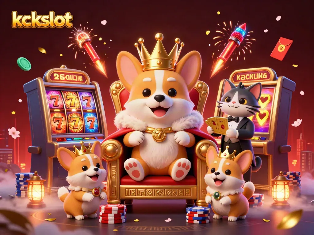 Kckslot menyajikan kasino digital dengan corgi kerajaan bermahkota emas, mesin slot, dan efek kembang api yang memukau.