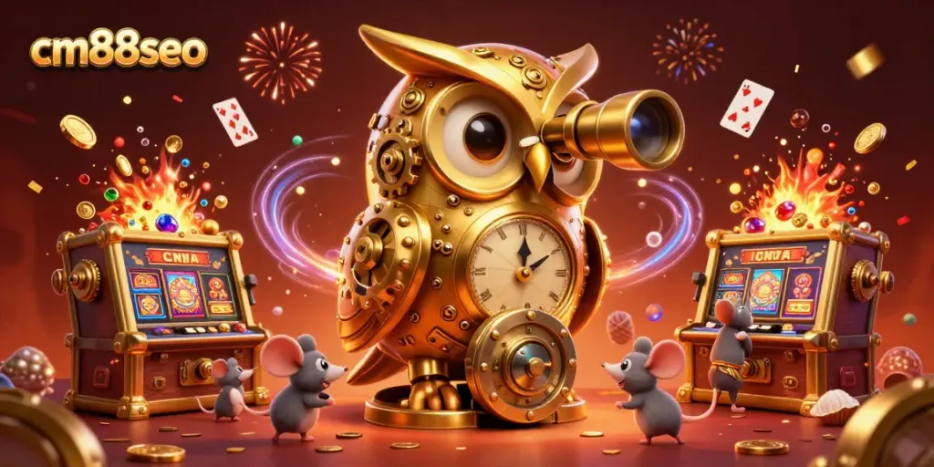 Experience thrilling slots at CM88 with the golden owl overseeing a vibrant casino scene.
