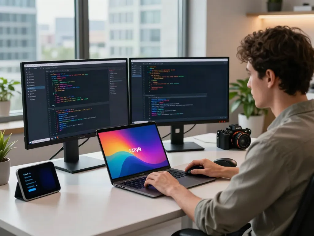 Developer using v2rayN software in a modern tech workspace with dual monitors.