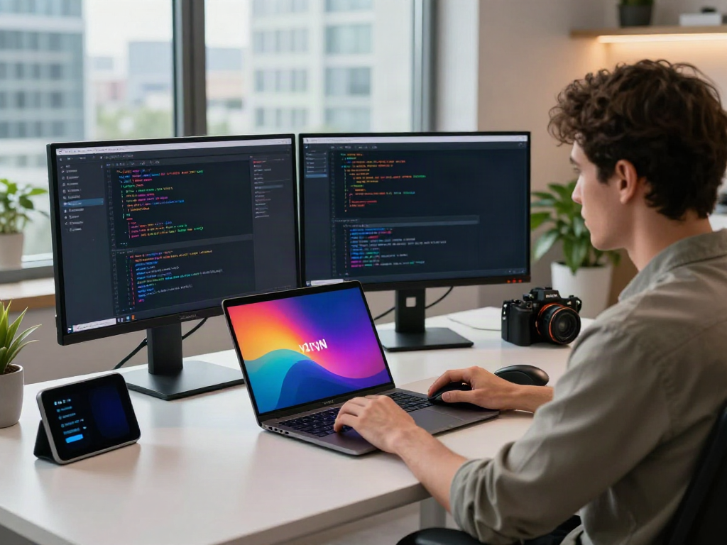 Developer using v2rayN software in a modern tech workspace with dual monitors.