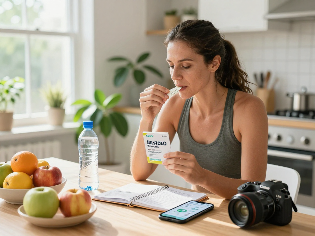 Individual taking TB 500 benefits with buccal strip in modern kitchen, focusing on wellness and fitness.