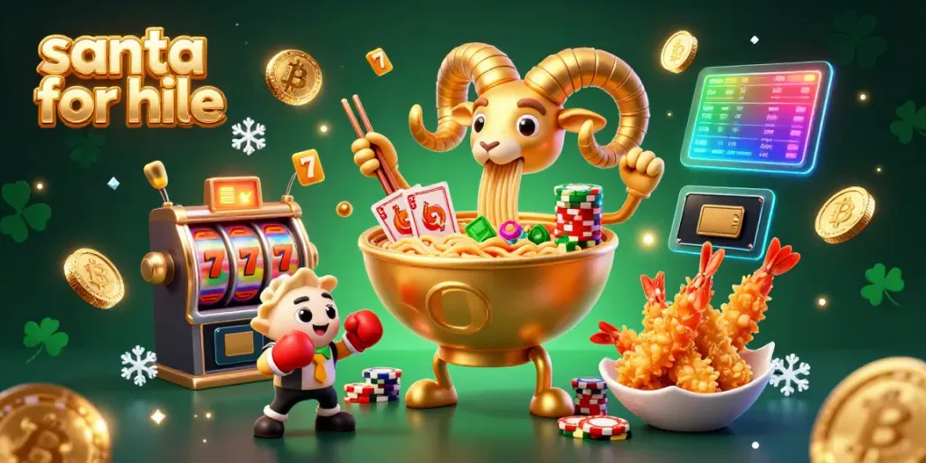 Experience festive gaming fun with a lively Santa for hire in a colorful casino scene filled with playful elements.