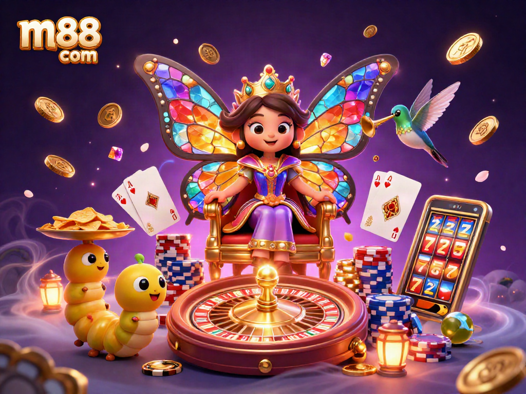 Experience m88 com’s vibrant casino world with colorful characters, chips, and games.